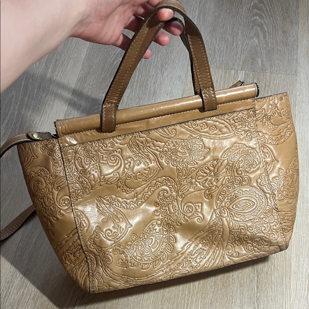 Tan Embossed Paisley Leather Tote Bag